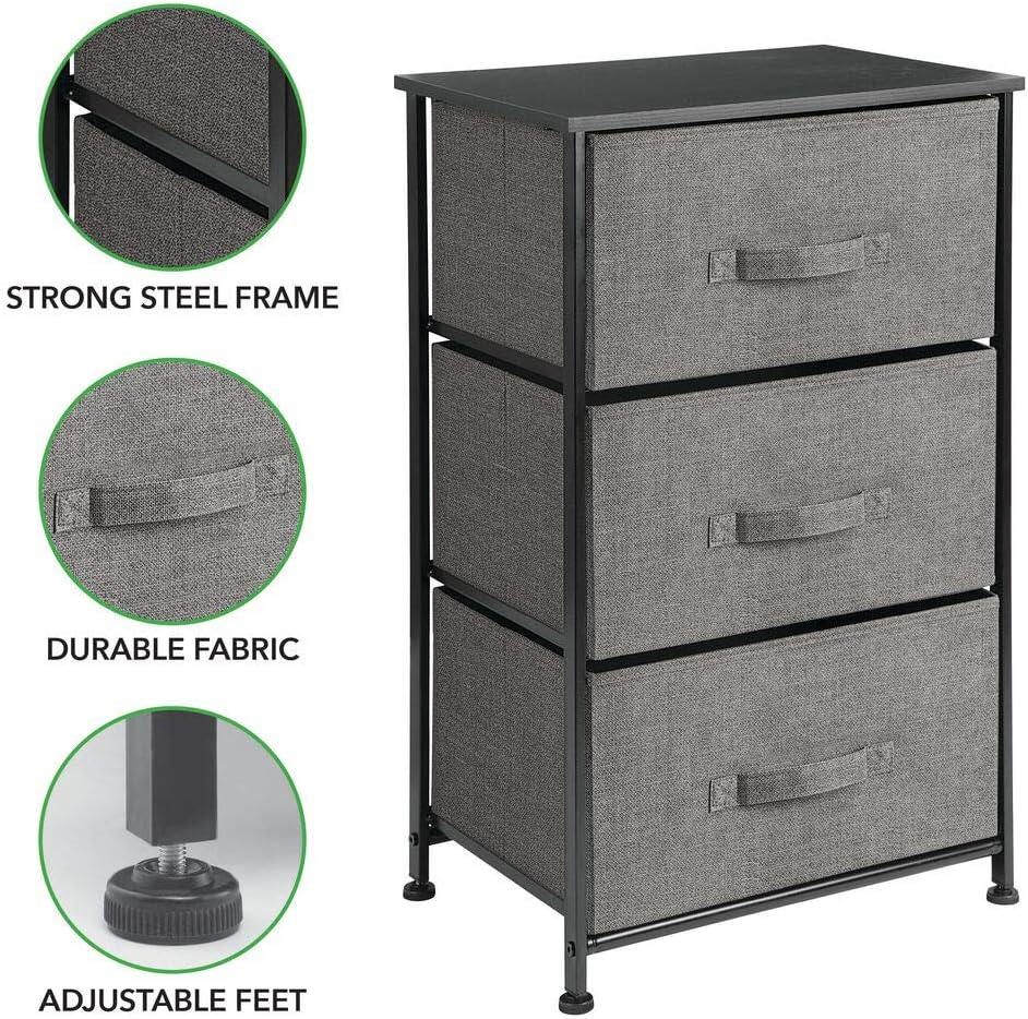 mDesign Vertical Dresser Storage Tower - Sturdy Steel Frame, Wood Top, Easy Pull Fabric Bins - Organizer Unit for Bedroom, Hallway, Entryway, Closets - Textured Print - 3 Drawers, Charcoal Gray/Black: Home & Kitchen