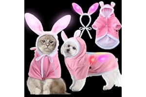 Cosblank 2 Pcs LED Easter Bunny Dog Costume Pink Fleece Puppy Hoodies Dog with LED Light Clothes Pet Suit and LED Bunny Ear Headband for Easter Warm Winter Dogs Cats Novelty Accessory(Medium)