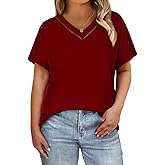 Eytino Womens Plus Size Tops V Neck Short Sleeve Casual Loose Blouses Hollow Out Summer Shirts(1X-5X)