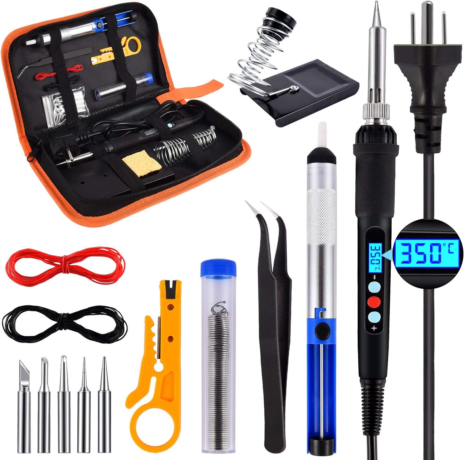 Soldering Iron Kit, 60W Adjustable Temperature Welding Iron with LCD Display, ON/OFF Switch, 180-500โ, 5Pcs Soldering Iron Tips, Desoldering Pump, Tweezers, Stand, Solder, PU Storage Bag
