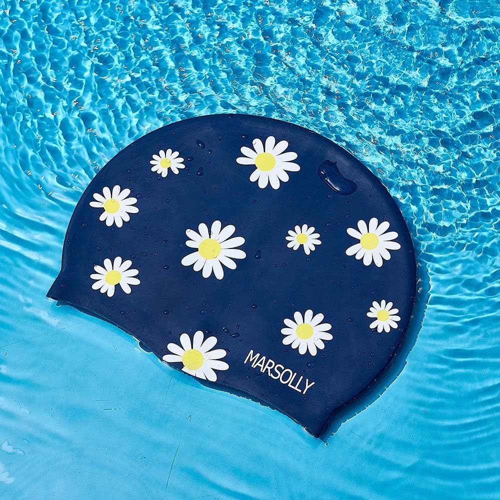 Marsolly Silicone Swim Cap for Women, Waterproof Long Hair Swimming Caps with Flower Printed : Sports & Outdoors