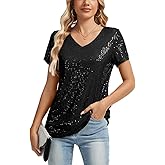 MINTLIMIT Womens Full Sequin Tops Glitter Party Shirt Short Sleeve Sparkle Blouses V-Neck Loose Summer Shimmer Tunic Shirts