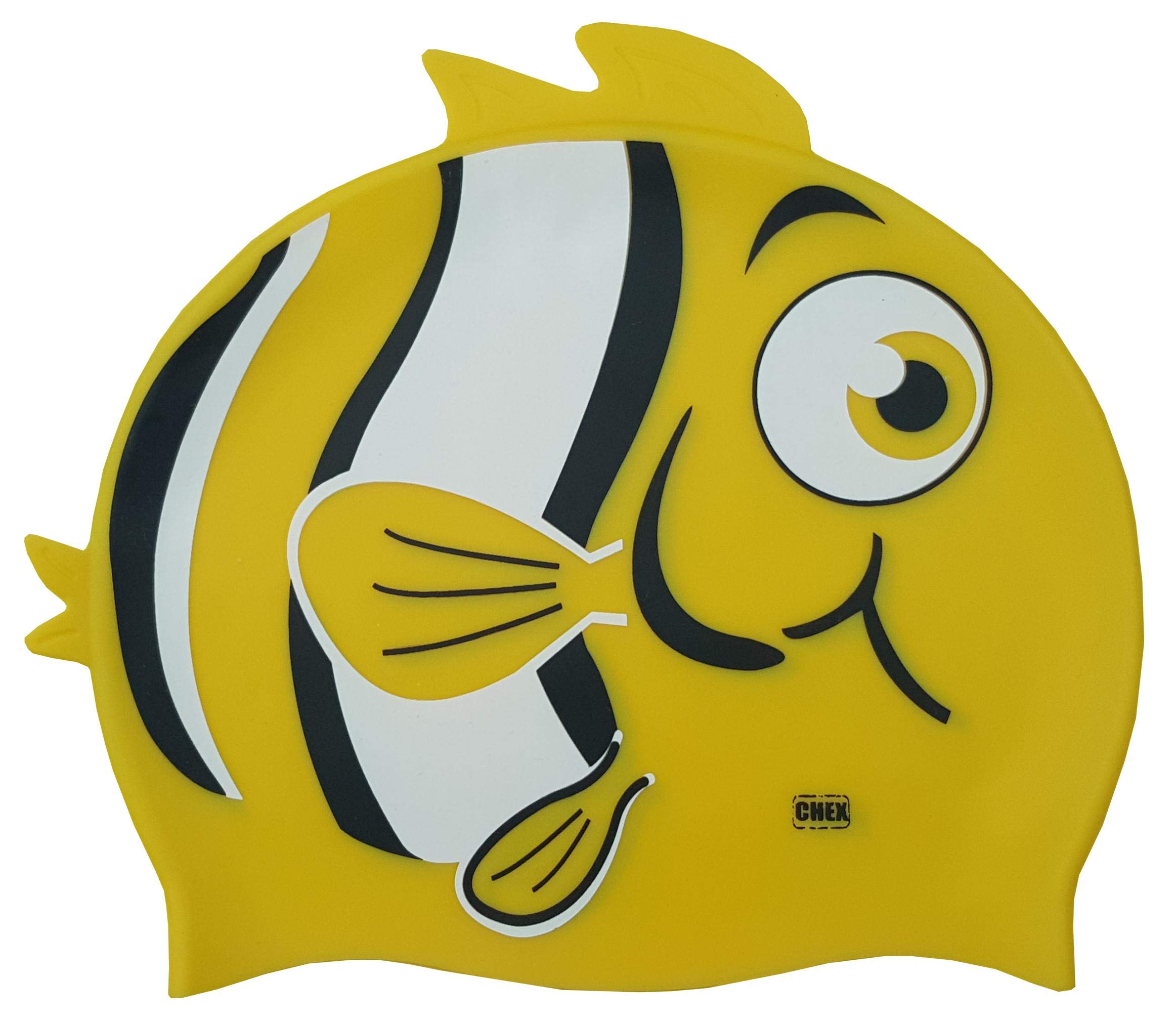 CHEX Stretchy Silicone Unisex Girls Boys 3-7 Years One Piece Swimming Hat Swim Cap Stripey Fish Double Fin Print Design One Size Pull On Swim Hat (Yellow)