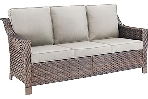 Pugire Outdoor Wicker Sofa Patio Couch - Heavy Duty Outside Resin Rattan Lawn Sofas for Front Porch Balcony Backyard Yard Deck Apartment – Brown/Beige