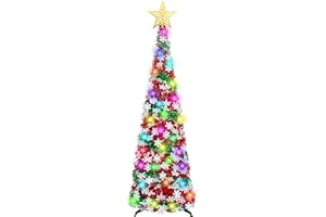 Lavwix 5 FT Pop Up Christmas Tinsel Tree with 50 LED Lights & Remote, Star Topper, Easy Assembly with Stand, Collapsible Prelit Christmas Pencil Tree for Xmas Home Party Decor (Red, Green)