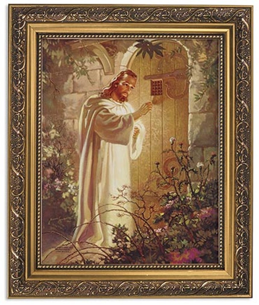 Christ at Heart's Door Religious Framed Portrait Print 13 Inch (Ornate Gold Tone Finish Frame)