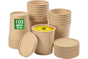 APSIC Disposable Kraft Paper Soup Cups - 100 Sets 16oz Small To Go Soup Bowls with Vented Lids - Hot & Cold Friendly - Take Out Food Storage Containers for Ice Cream, Noodles, Snack, Yogurt