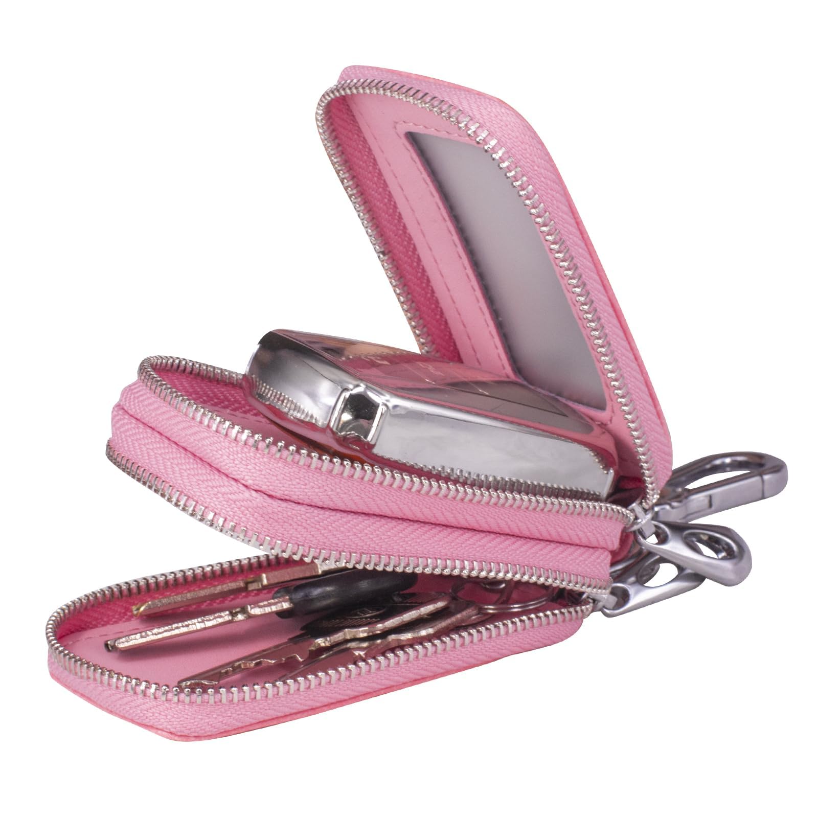 Guolich Car Key Chain Bag Double Zipper Leather Protection Key Coin Holder Keyring with Transparent Window for Car Key Remote Control (PINK)