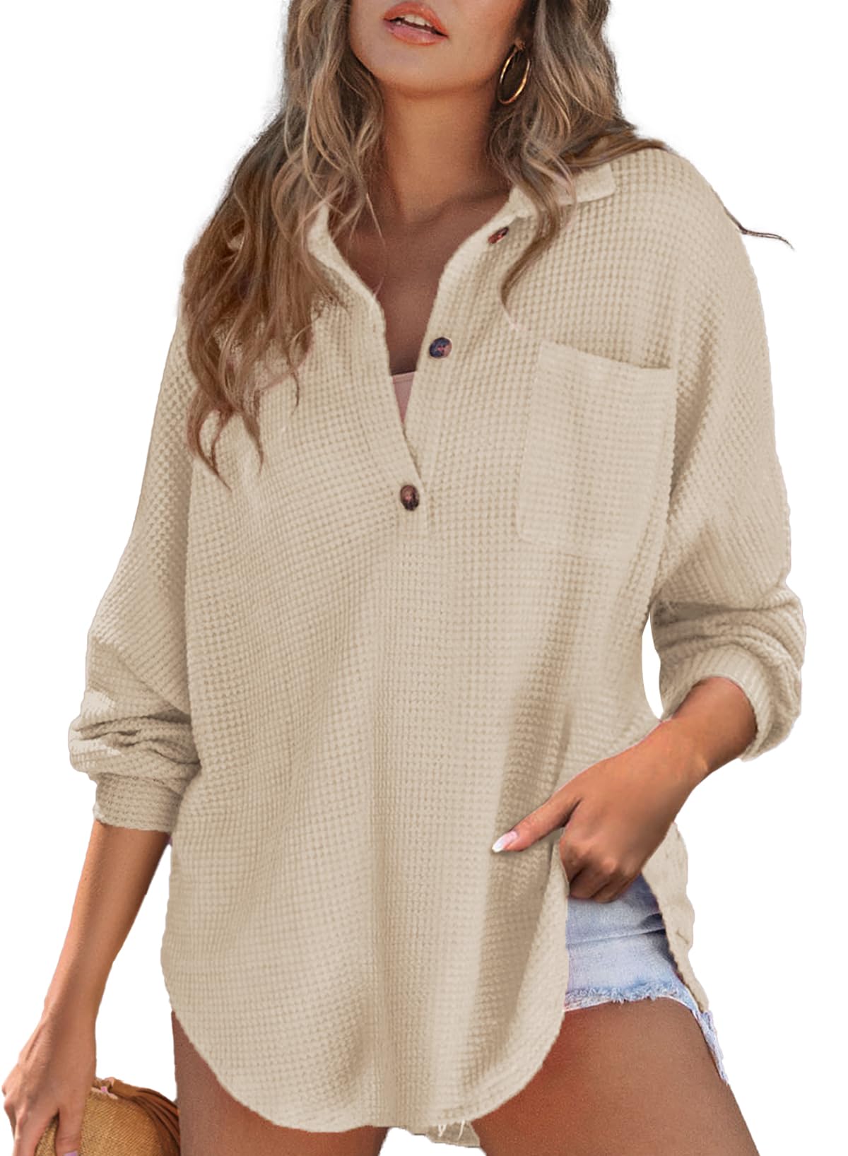 Astylish Women Waffle Knit Tops Henley Shirts Long Sleeve V Neck Solid Color Casual Tunic