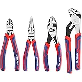WORKPRO 4-Piece Pliers Set - Premium CR-V Construction Tool Set Including Long Nose, Diagonal Cutting, Groove Joint and Slip Joint Pliers - Red