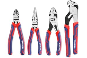 WORKPRO 4-Piece Pliers Set - Premium CR-V Construction Tool Set Including Long Nose, Diagonal Cutting, Groove Joint and Slip Joint Pliers - Red