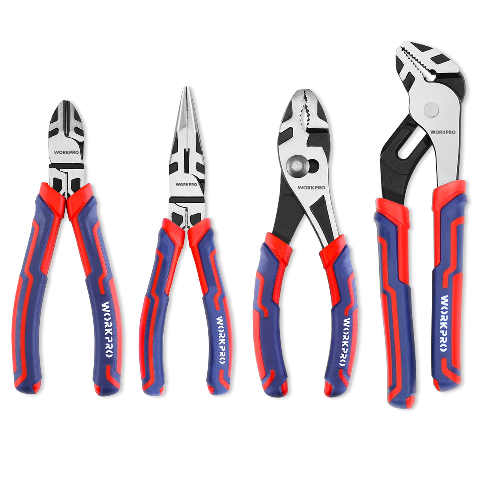 WORKPRO 4-Piece Pliers Set - Premium CR-V Construction Tool Set Including Long Nose, Diagonal Cutting, Groove Joint and Slip Joint Pliers - Red