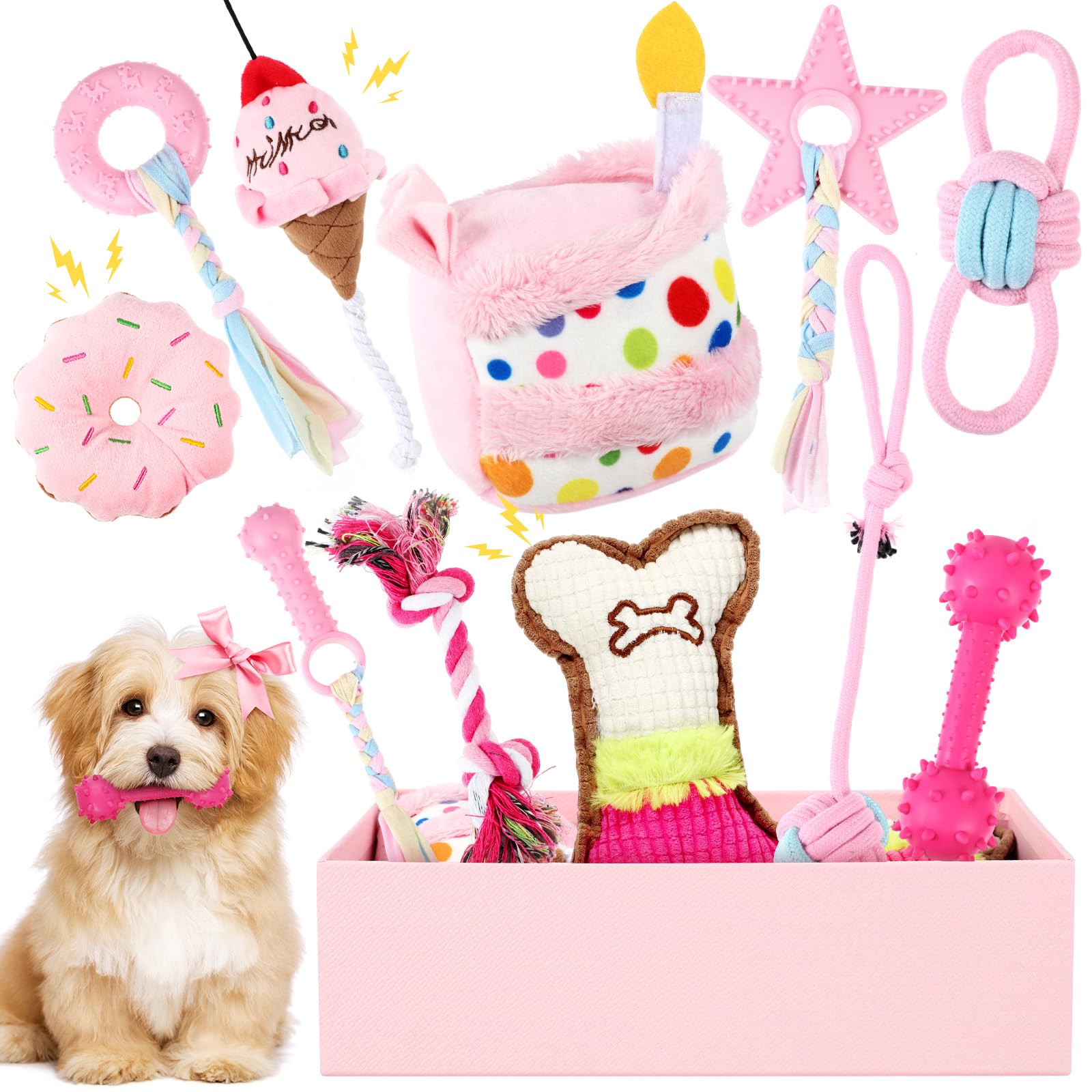 Photo 1 of RoundFunny 11 Pcs Dog Birthday Toy Dog Birthday Cake Puppy Girl Boy Squeak Toys Interactive Puppy Gift with Box for Small Medium Size(Classic,Pink)