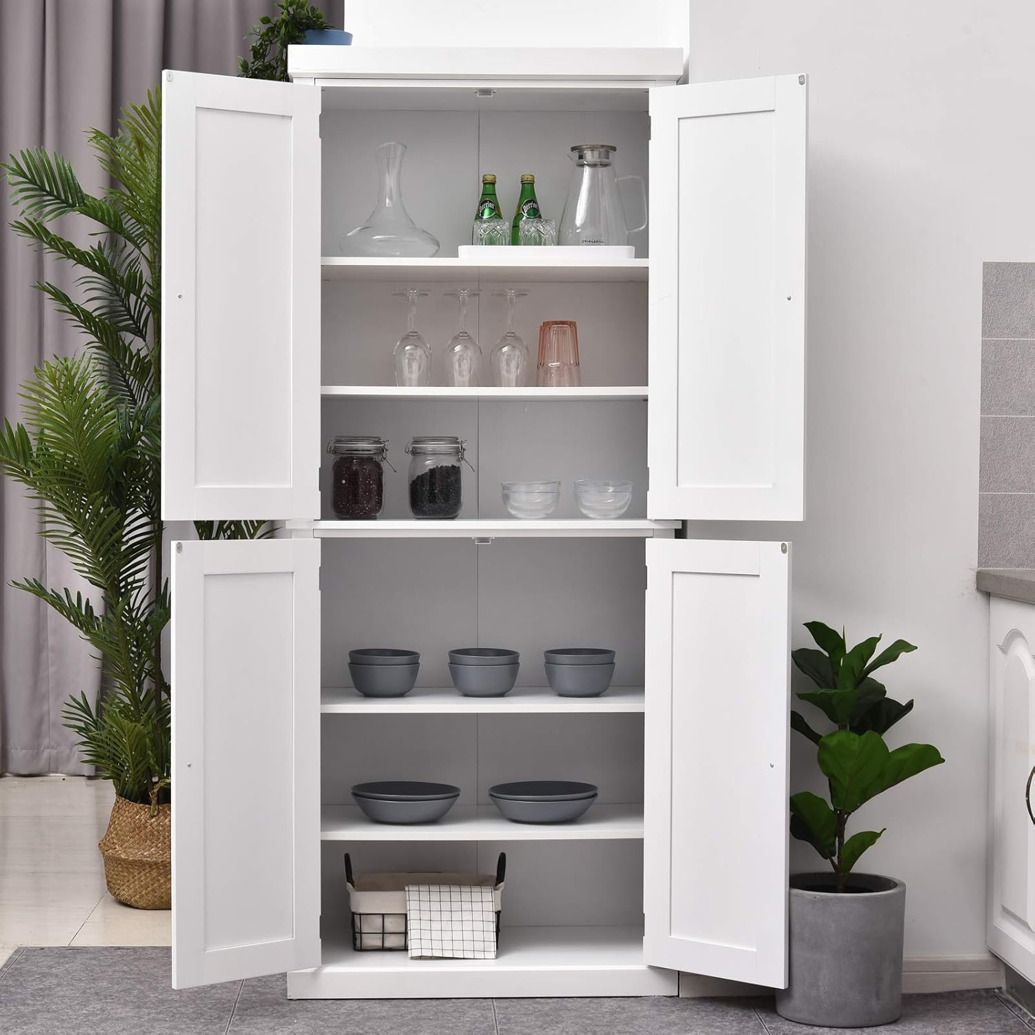 HOMCOM Traditional Farmhouse Freestanding Cupboard Kitchen Pantry with Two Storage Areas, Adjustable Shelving, White: Furniture & Decor