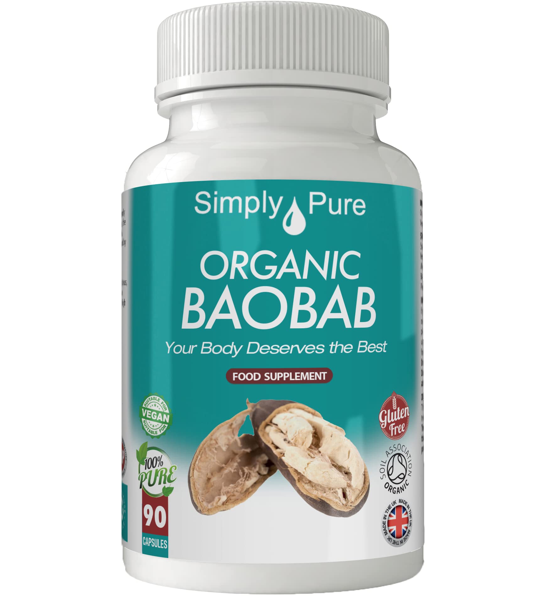 Simply Pure Organic Baobab for Gut Health & Immune Support | 500mg Capsules x 90 | 100% Pure Soil Association Certified | Gluten Free | GM Free | Vegan
