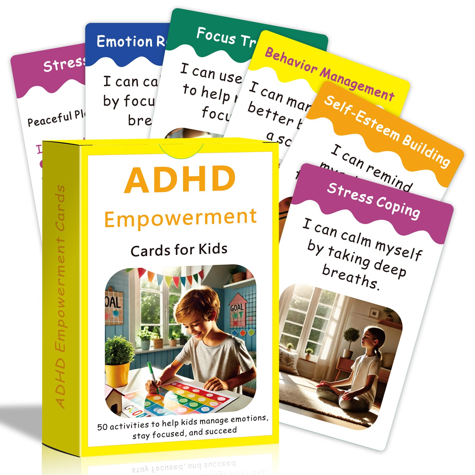 Uflognirz ADHD Tools for Kids (Ages 5-12) – 50 Emotional Regulation Tool & Coping Skills for Kids Cards | Calm Down Corner Supplies, Focus Training, and Stress Relief | Self-Esteem & Mindfulness Item
