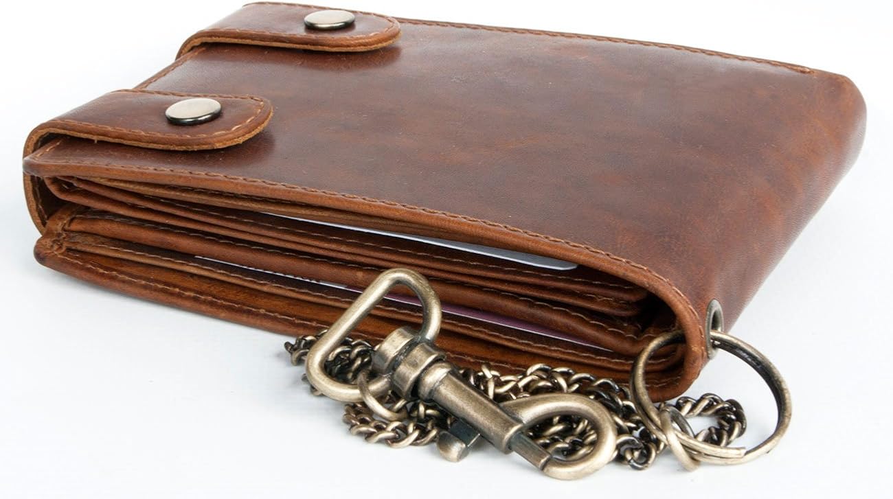 FLW Natural Leather Biker's Pure Leather Wallet with Metal Chain withou Any Logos or Markings, Brown - Image 3
