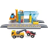 Hape Repair and Washing Station - Workshop and Car Wash Toy for Children, Lifting Platform, Tow Truck, Vehicles, Railway Accessories, Role Play for Children from 3 Years