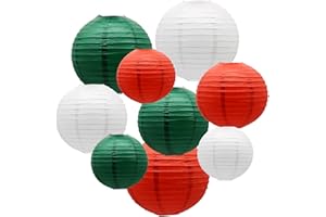 ADLKGG Paper Lanterns Decorative, Round Hanging Lantern for Christmas Graduation Baby Shower Birthday Italian Party Decorations, Green/Red/White 9pcs