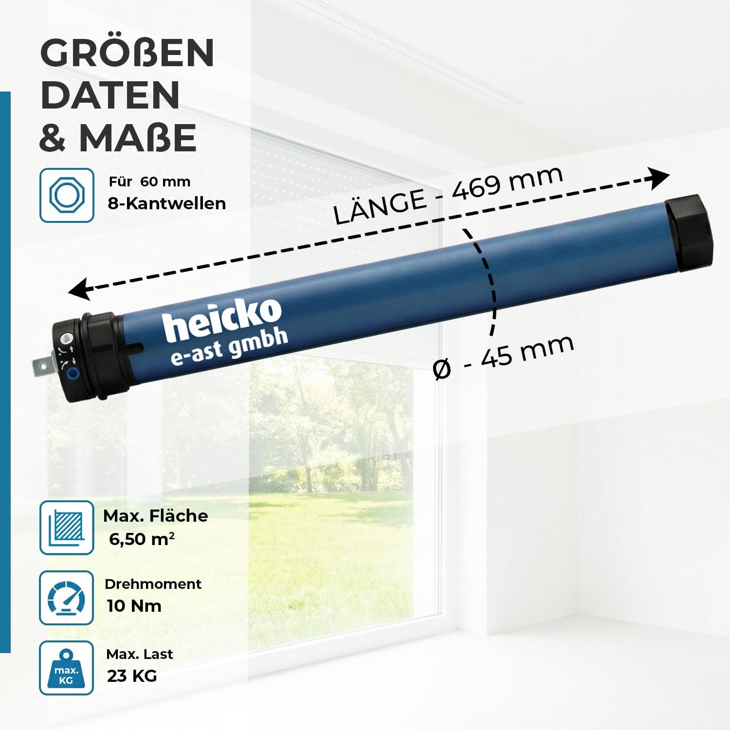 heicko Rollladenmotor | 10 Nm für SW60 Achtkantwelle | 23kg Zugkraft | Ohne Funk | Mechanische Endschalter | Leiser Rohrmotor | Wartungsfrei | IP44 Schutz für Innen und Außen 4