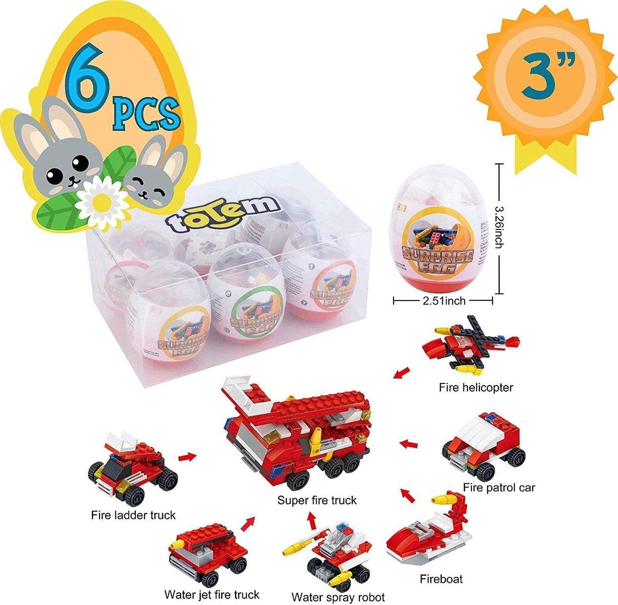 Totem World 6 Filled Easter Egg Building Toys - Fireman Vehicle Set - Age 6-12 Learning Educational Inside 3" Large Plastic Egg - Great for Easter Basket Stuffers - Combine to Build a Fire Truck