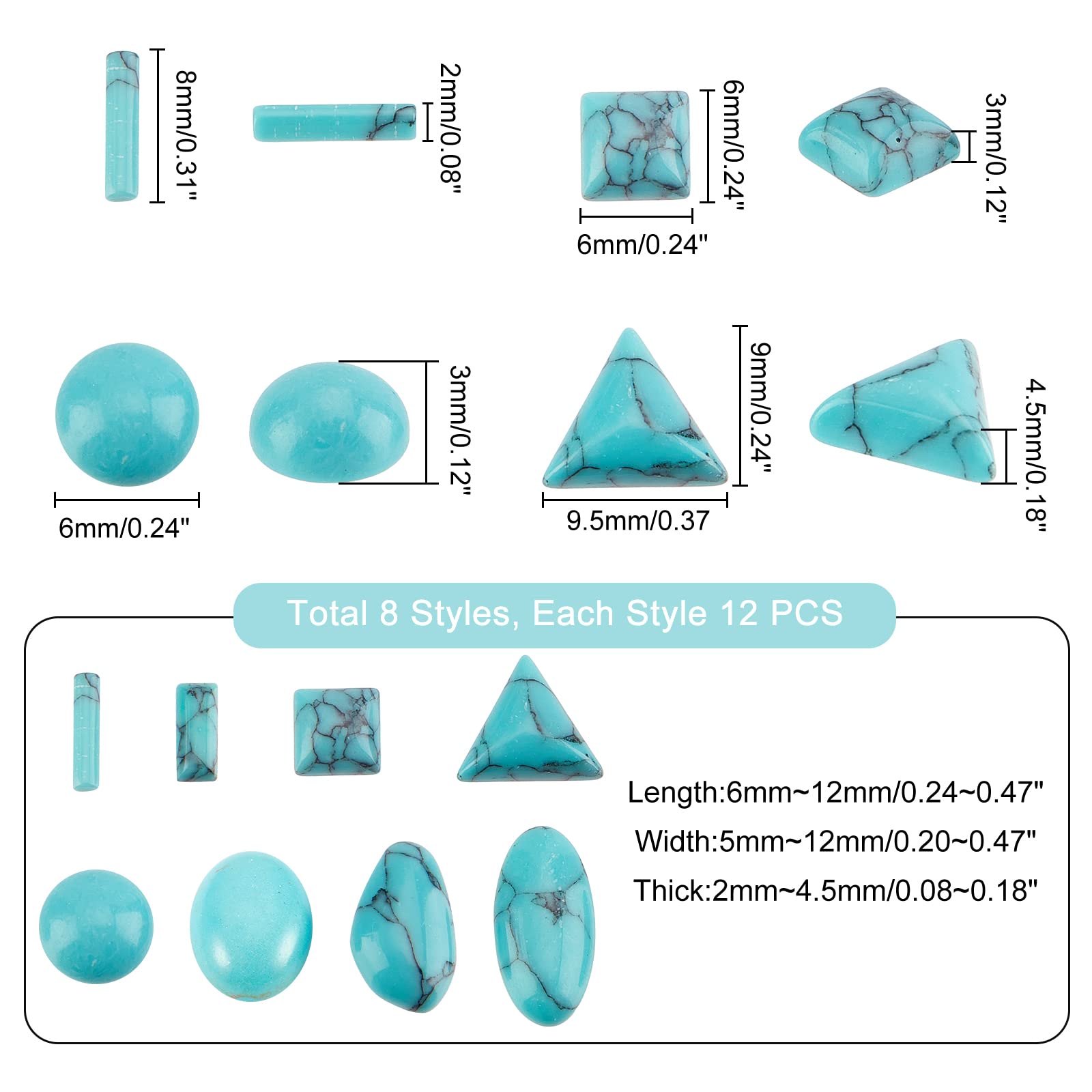 PH PandaHall 96pcs Stone Cabochons, 8 Shapes Blue Texture Gemstone Tiles Column Square Bead Half Round Synthetic Turquoise Cabochon Tile for Bracelet Necklace Earrings Cameo Jewelry Making