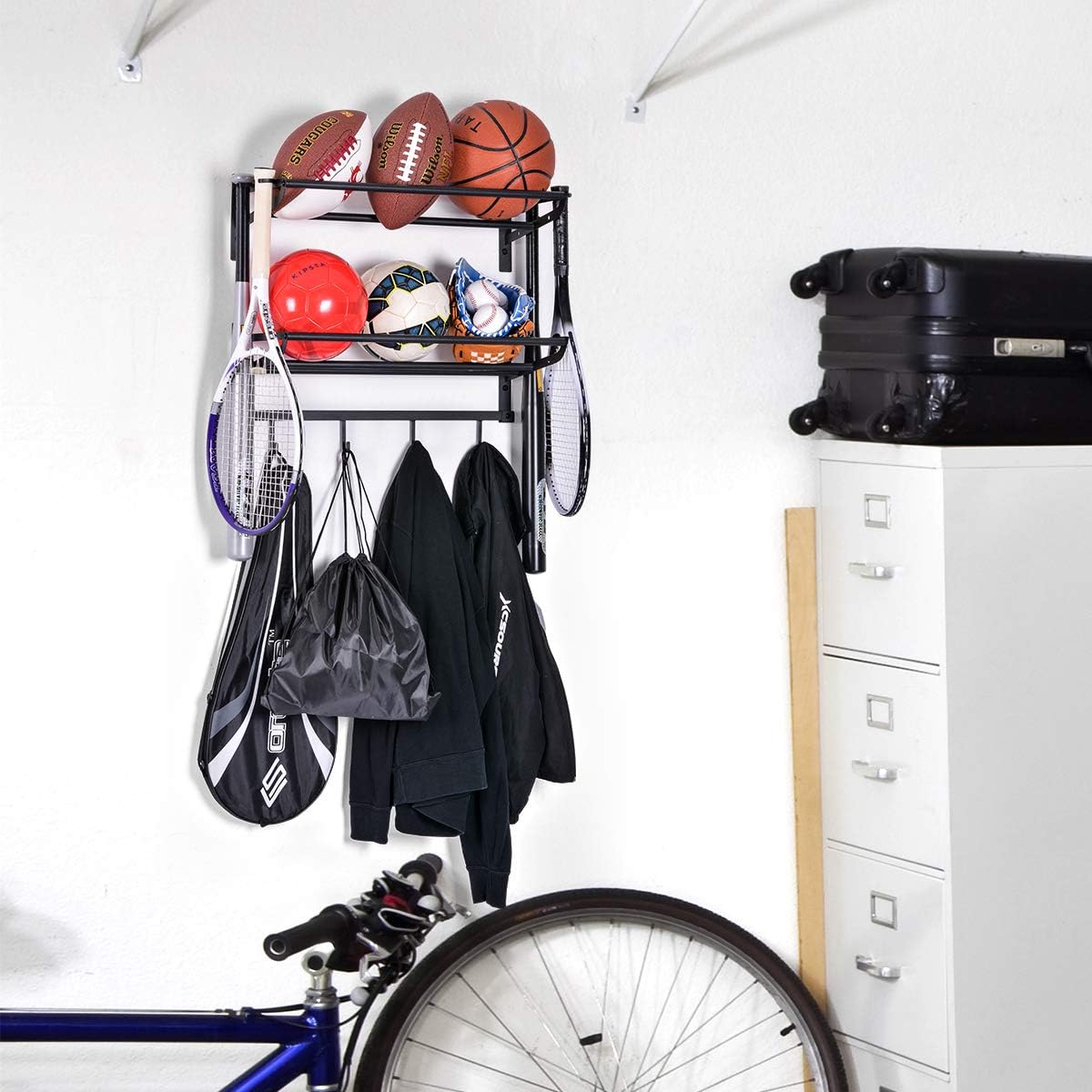 Sports Equipment Storage Rack for Baseball/Basketball/Football/Badminton/Golf/Yoga/Exercise Balls - Four Badminton Tennis Hold-2 Separate Storage Rack- Baseball/Softball Bat Rack/Bat Hooks: Sports & Outdoors