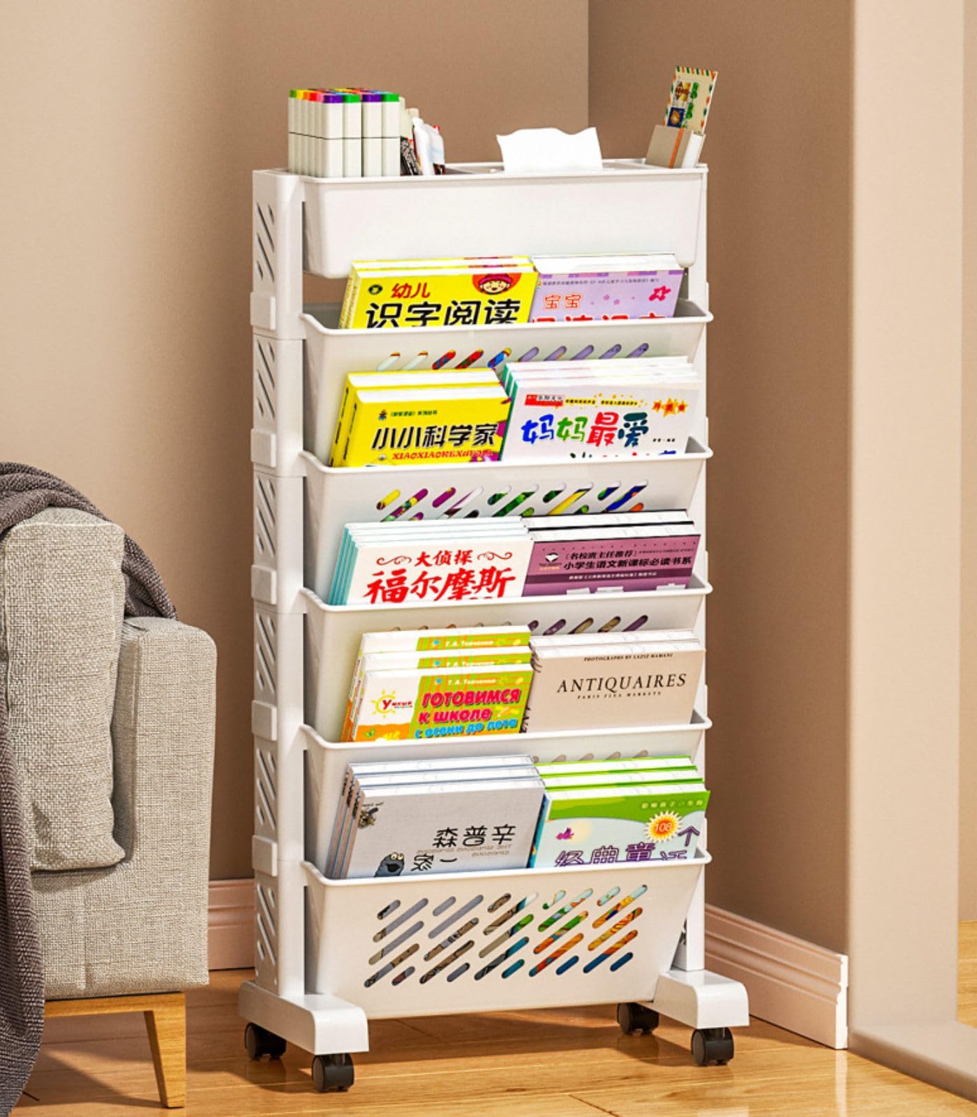 Photo 1 of bangminda Book Cart,6 Tier Rolling Bookshelf File Cart,with Wheels Kids Reading Organizer Magazine Holder Office File Racks Space Saving, Easy to Assemble