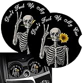 Funny Skeleton Cup Holders Car Coasters for Women/Men - 2 Pack Absorbent Ceramic Stone Drinks Coaster Set, Yellow Sunflower Skull