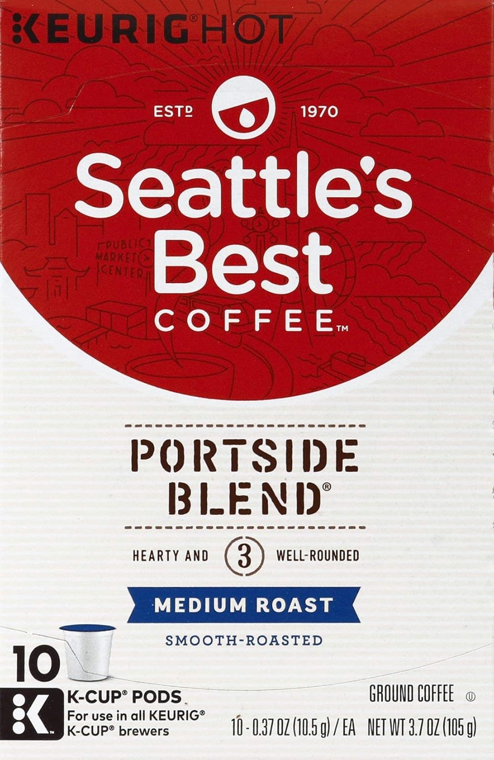 Seattle's Best Coffee Portside Blend (Previously Signature Blend No. 3) Medium Roast Single Cup Coffee for Keurig Brewers, 1 Box of 10 (10 Total K-Cup pods)