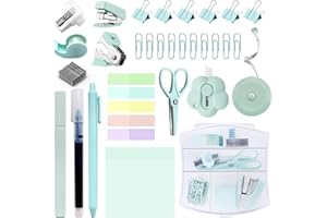YUMOONI Mini Office Supplies, Teal Mini Stapler with Staples and Tape Dispenser Set, Mini Stationary Kit Includes Sticky Notes Index Tabs Highlighters Gel Pens for Office & School Supplies (Teal)