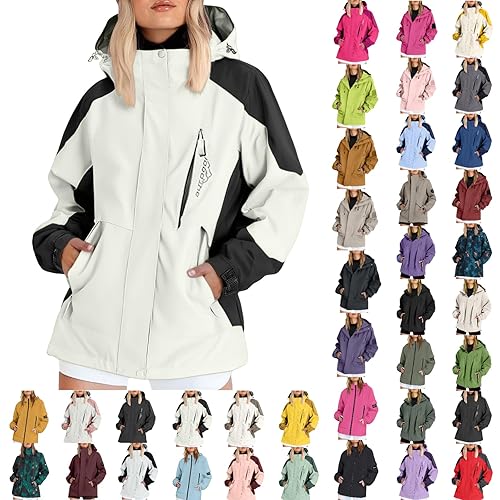 raoieykaxu Waterproof Jacket Ladies Long Sleeve Rain Coat Women's Fashion Lightweight Outdoor Zip up Windbreaker Jackets Raincoat with Hood Sports Hiking Activewear Functional Raincoats Outwear