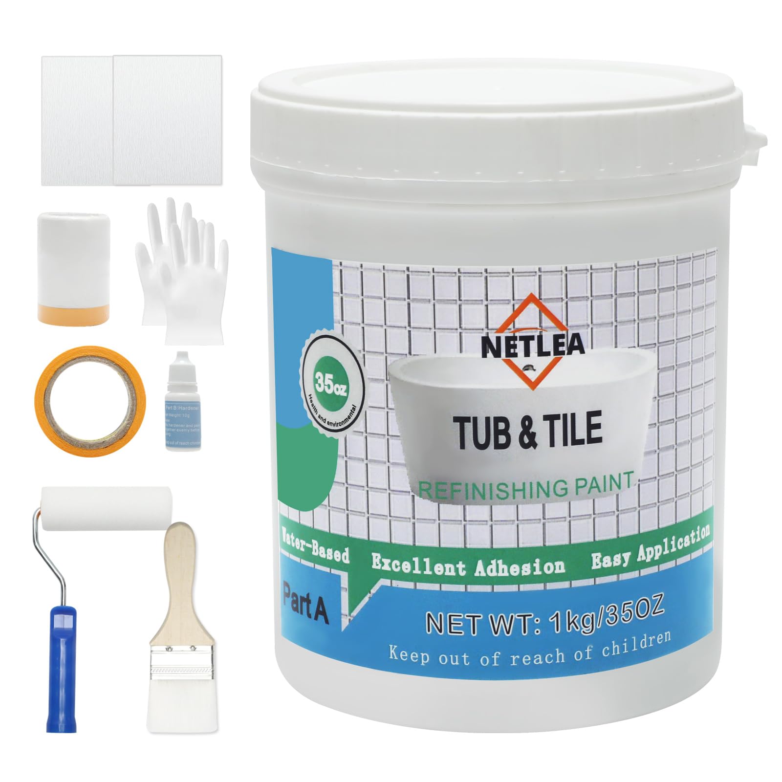 Photo 1 of NetLea Tub and Tile Refinishing Kit,Water Based&Low Odor Bathtub Paint White,Bathroom Tile Paint kit with Tools easy to Use,for Bathroom Kitchen Porcelain Fiberglass 50-55sq.ft (35OZ, Fl Oz, 35)