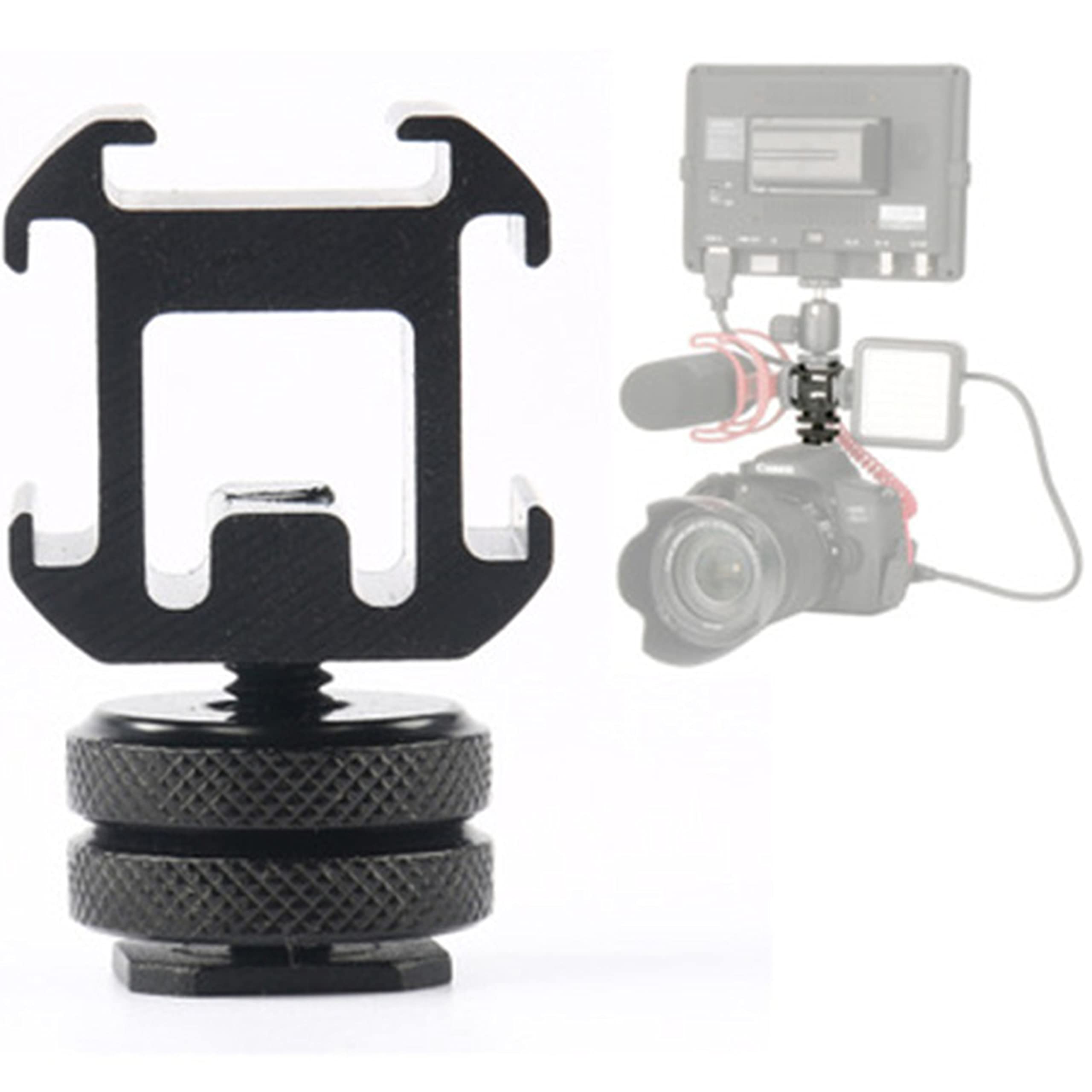 Camera Hot Shoe Mount, Triple Hot Shoe 1/4" Adapter, Made Aluminium Alloy, Universal Fit for Canon Nikon Sony DSLR and Accessories