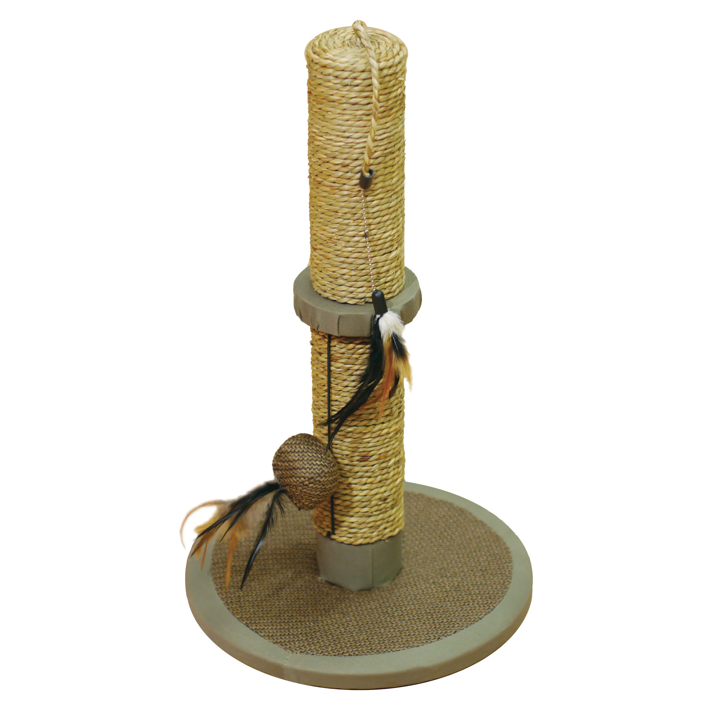 Rosewood Vigo Cat Scratching Post, 41cm Tall, Stylish Seagrass with Hanging Ball Toy & Feathers, Durable & Engaging Scratching Post for Cats
