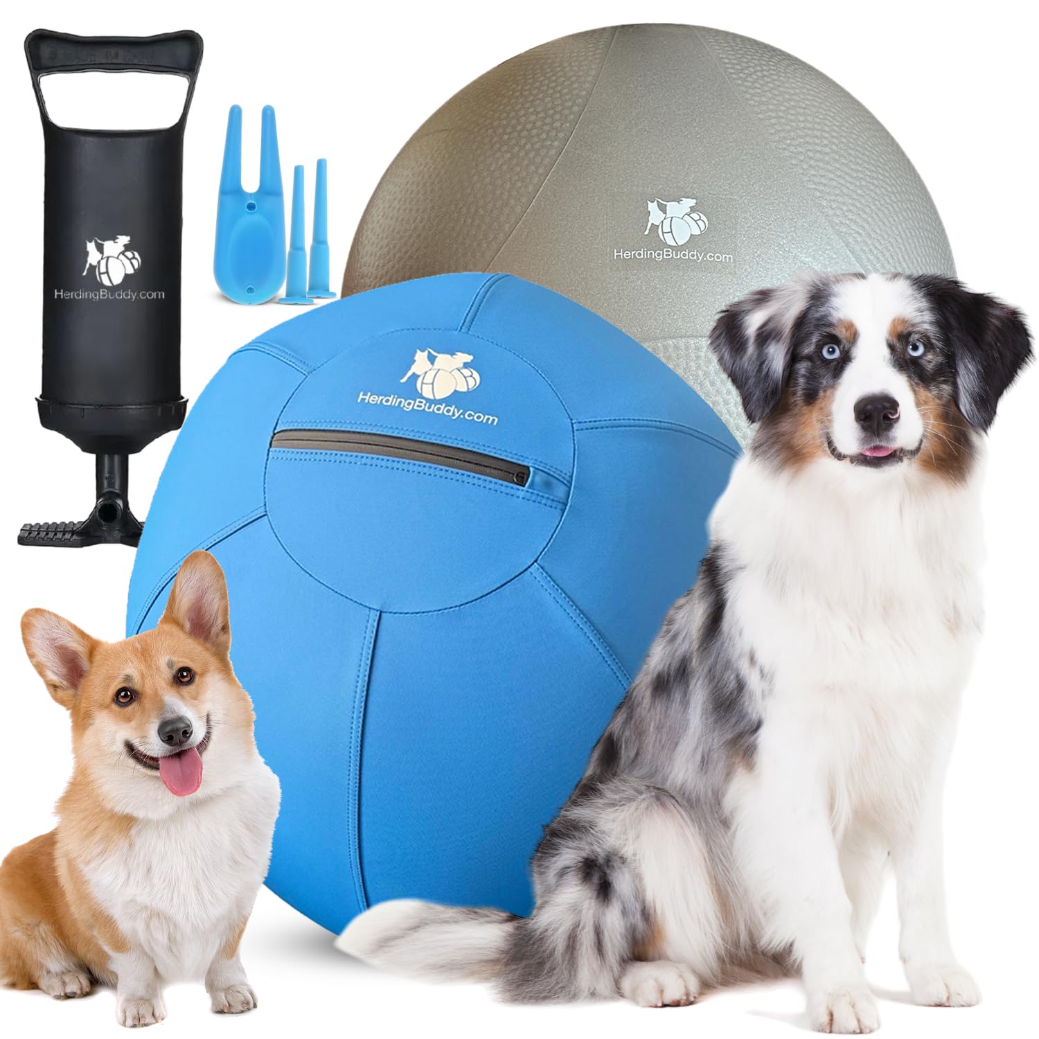 Photo 1 of Herding Ball for Dogs - 18” Ball for Corgi, Collie, Cattle Dogs & Herding Dogs Under 27 Pounds - Heavy Duty Dual Layered Cover - Thick Anti-Burst Ball - High Flow Foot Pump