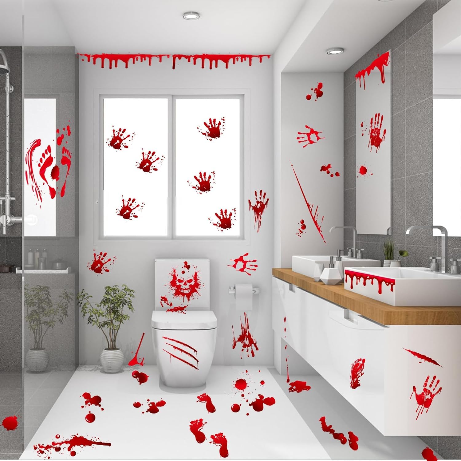 136Pcs Halloween Decorations Indoor, Scary Bloody Handprints Wall Decals Pumpkin Eyeballs Skull Window Stickers with Tattoos for Home Bedroom Floor Bathroom Door Decor (Red Handprints Footprints)