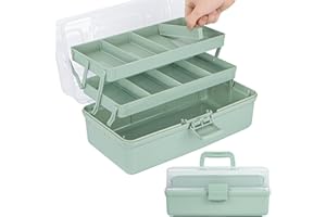 TERGOO 12.5in 3-Layer Multipurpose Craft Organizers and Storage with Adjustable Dividers, Portable Tackle Box, Folding Art & Craft Case for Medicine, Tool, Sewing Organizer (Haze Green)