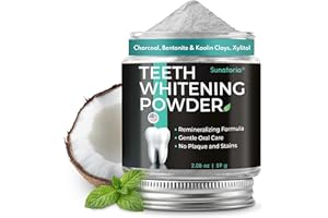 SUNATORIA Teeth Whitening Powder - Remineralizing Tooth Powder with Nano Hydroxyapatite, Charcoal + Bentonite & Kaolin Clays - Gentle Tooth Polish for Sensitive Teeth, Fluoride-Free, Mint, 2 oz