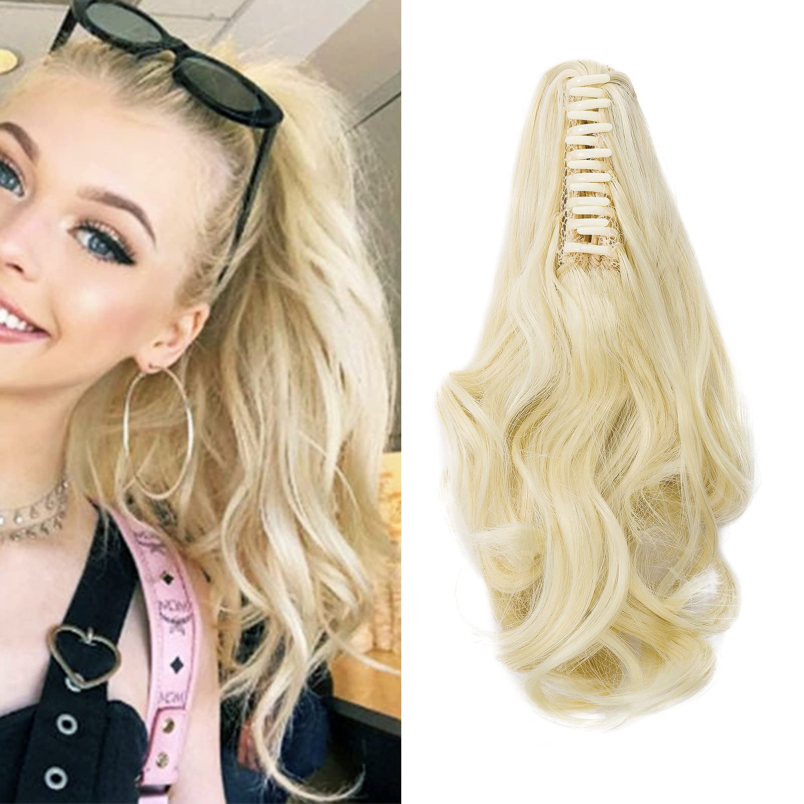 Curly Ponytail Exension 12" Claw on Ponytail Hair Extensions Clip in Hairpieces Synthetic Long Jaw Wave Pony Tail Extension for Women, Bleach Blonde
