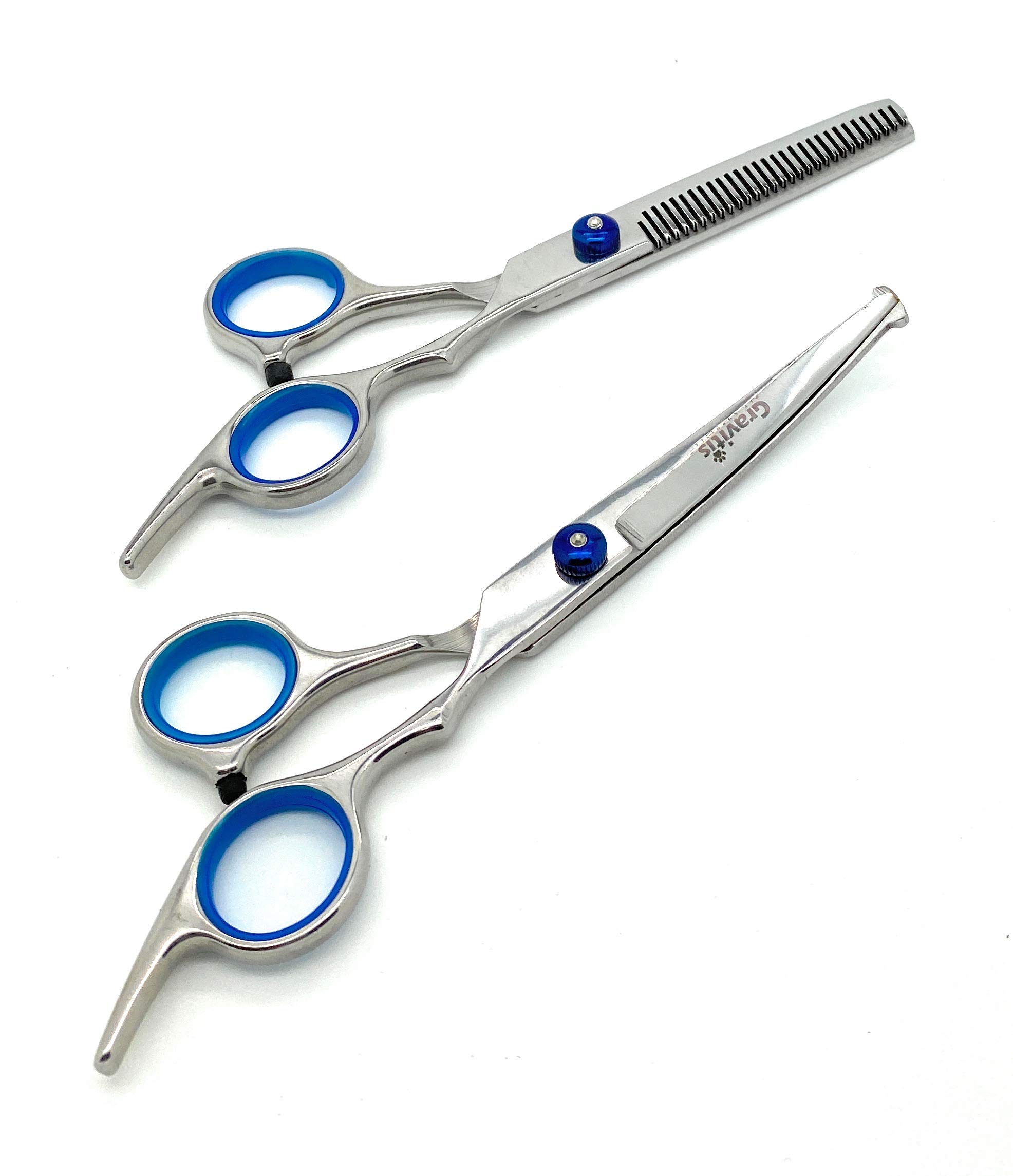 Gravitis Pet Supplies Professional Dog Grooming Scissors Duo Set with Case - 2 Pack Up-Curved Dog Trimming Scissors with Rounded Safety tip and Thinning Shears/Blending Scissors (Blue)