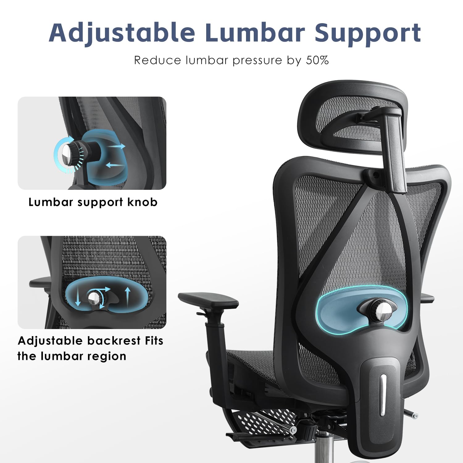 Ergonomic Office Chair, SGS Certified Class 4 Gas Cylinder, 400 LBS Capacity, Retractable Footrest, Adjustable Lumbar Support, Breathable Mesh（Black and Grey） - Image 4