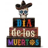4Pcs Day of the Dead Table Decorations Dia De Los Muertos Sign Decor | Rustic Day of the Dead Tiered Tray Decor Sugar Skull Halloween Sign for Home Office Tabletop Fireplace Party Decor