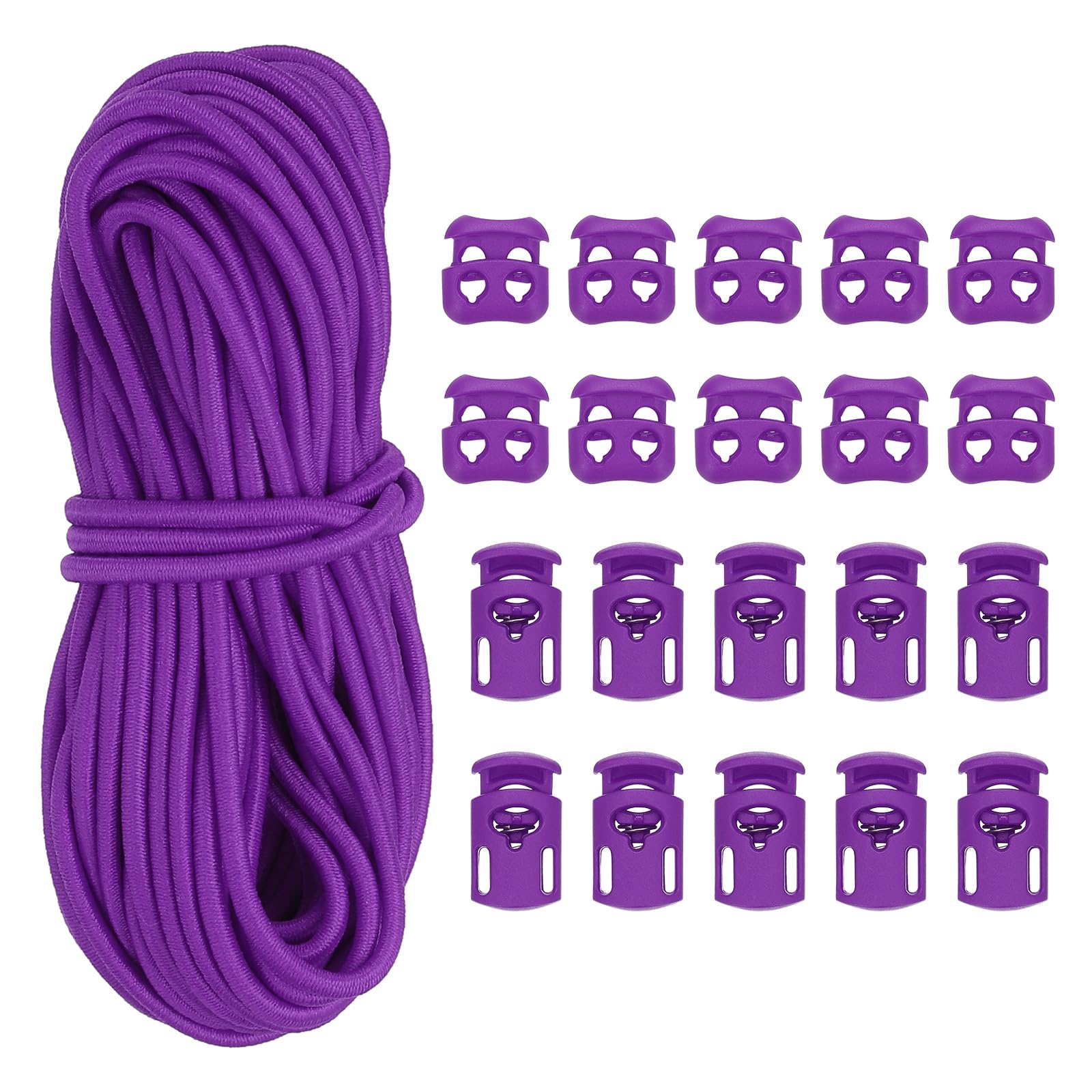 PATIKIL 16 Yard Elastic Bungee Cord & 10pcs Single Hole Cord Lock & 10pcs Double Hole Spring Toggle Stopper for Paracord Drawstring Shoelace Clothing Backpack Bags, Purple