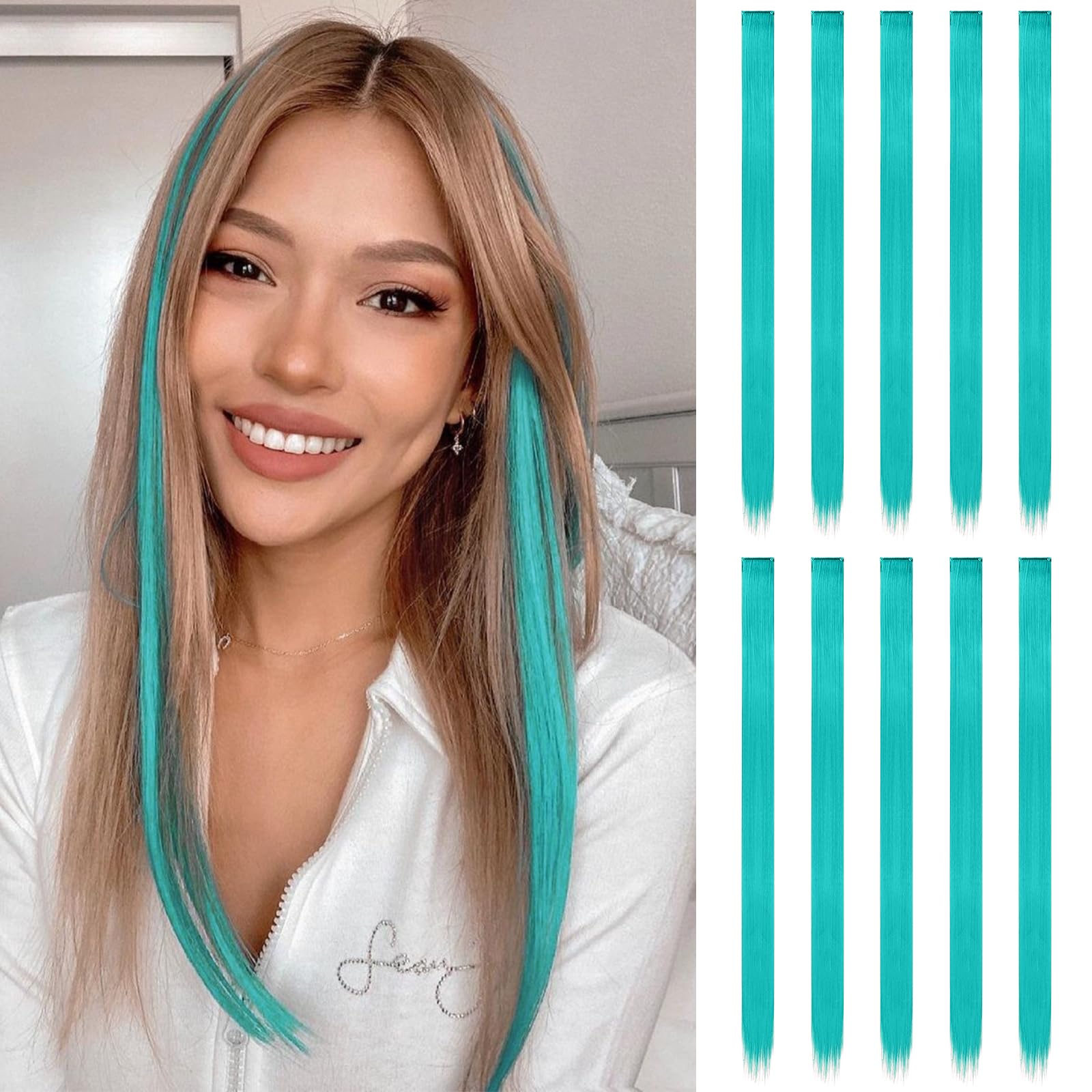 FESHFEN Coloured Clip in Hair Extensions, Teal Blue 10 PCS Highlight Colourful Hair Piece Straight Synthetic Clip in Hairpiecess for Women Daily Party, 22 inch โ image 1