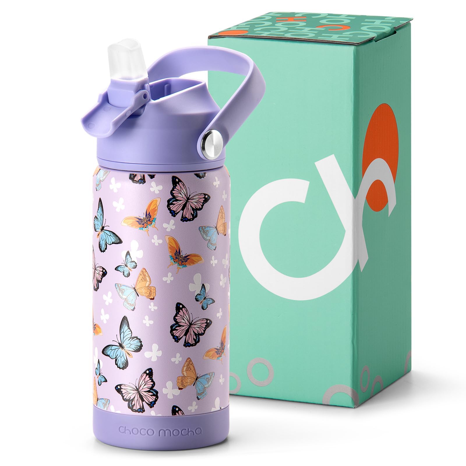 Choco Mocha Girls Water Bottle Kids Stainless Steel Water Bottle Insulated Metal Bottle with Straw Leak Proof for School BPA Free 450ml/14Oz, Purple Butterfly