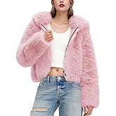 Flygo Womens Faux Fur Coat Cropped Fluffy Hooded Winter Jackets Zip Up Open Front Fuzzy Short Shaggy Warm Coats with Pockets