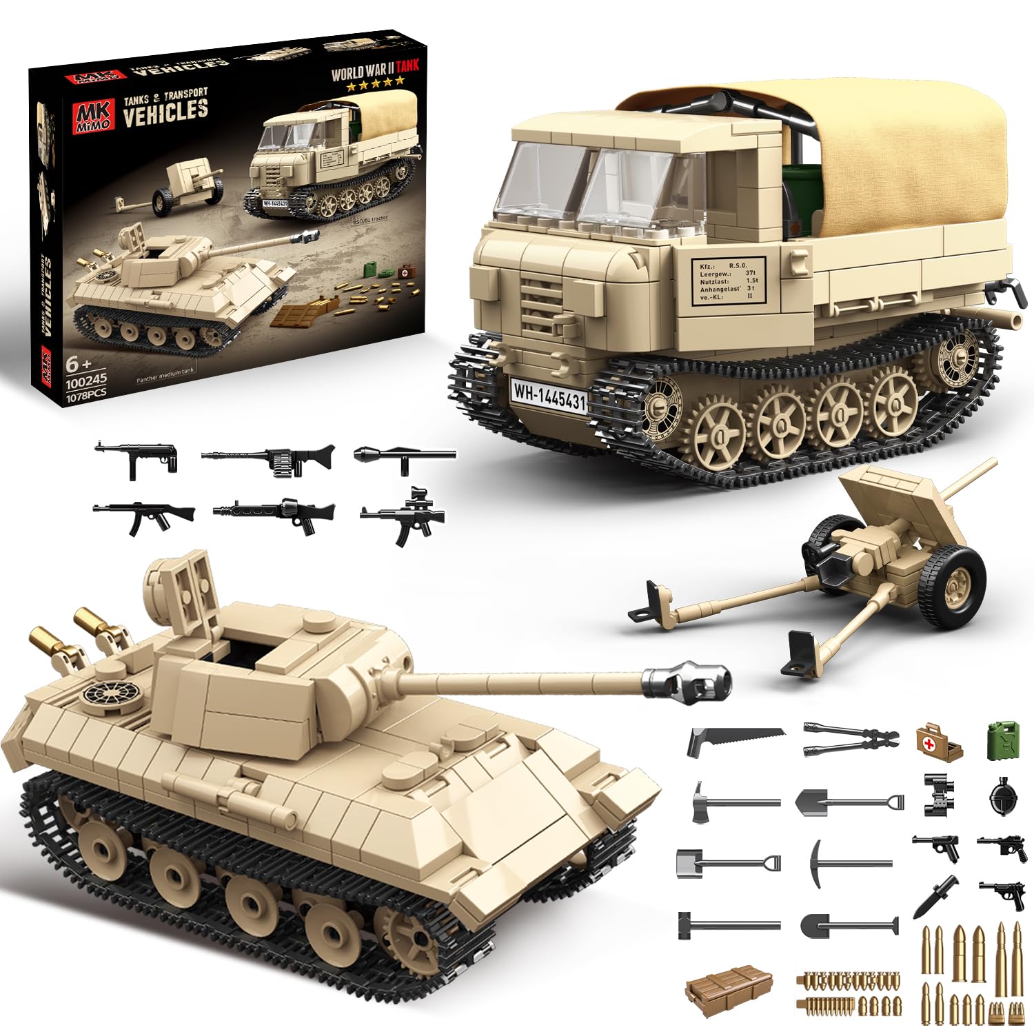 Photo 1 of WW2 Panther Medium Tank & RSO Tractor Vehicle Building Blocks, Compatible with Lego Military Set, Great Army Gift for Kids and Teens Over 8 Years Old (1078 Pieces)