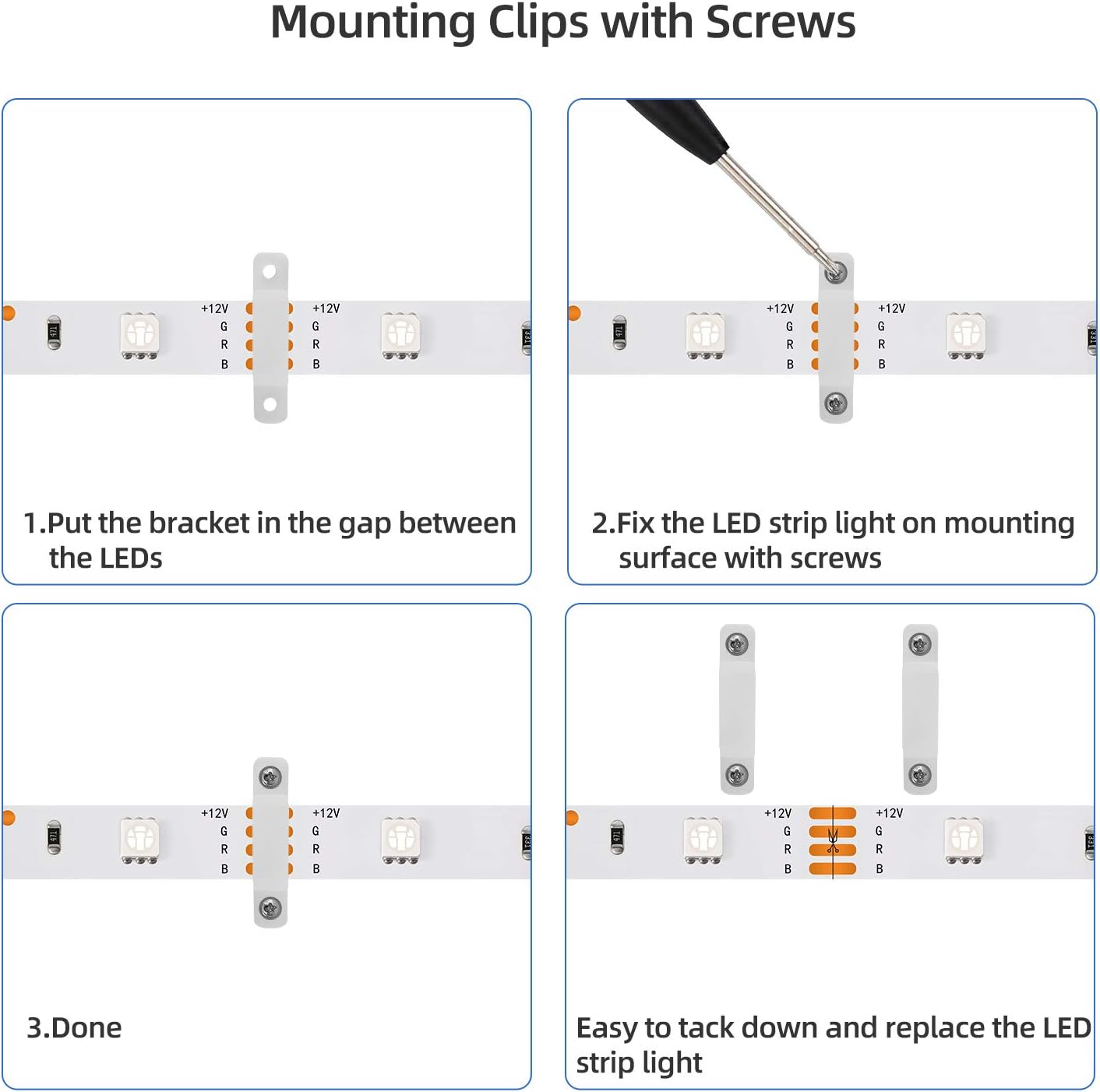 LED Strip Light Connector Kit, Led Strip Accessories Set for 5050 4 Pin 10mm RGB Led Light Strips with Connectors Clips and Tools - - 