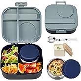 Aimsnk Bento Lunch Box for Kids with 12oz Soup Thermo,4 Compartments Lunch Box Containers Kids, Includes Foldable Spoon &Sauce Jar, BPA Free&Leak proof,Insulated Food Jar for Travel,School (Black)